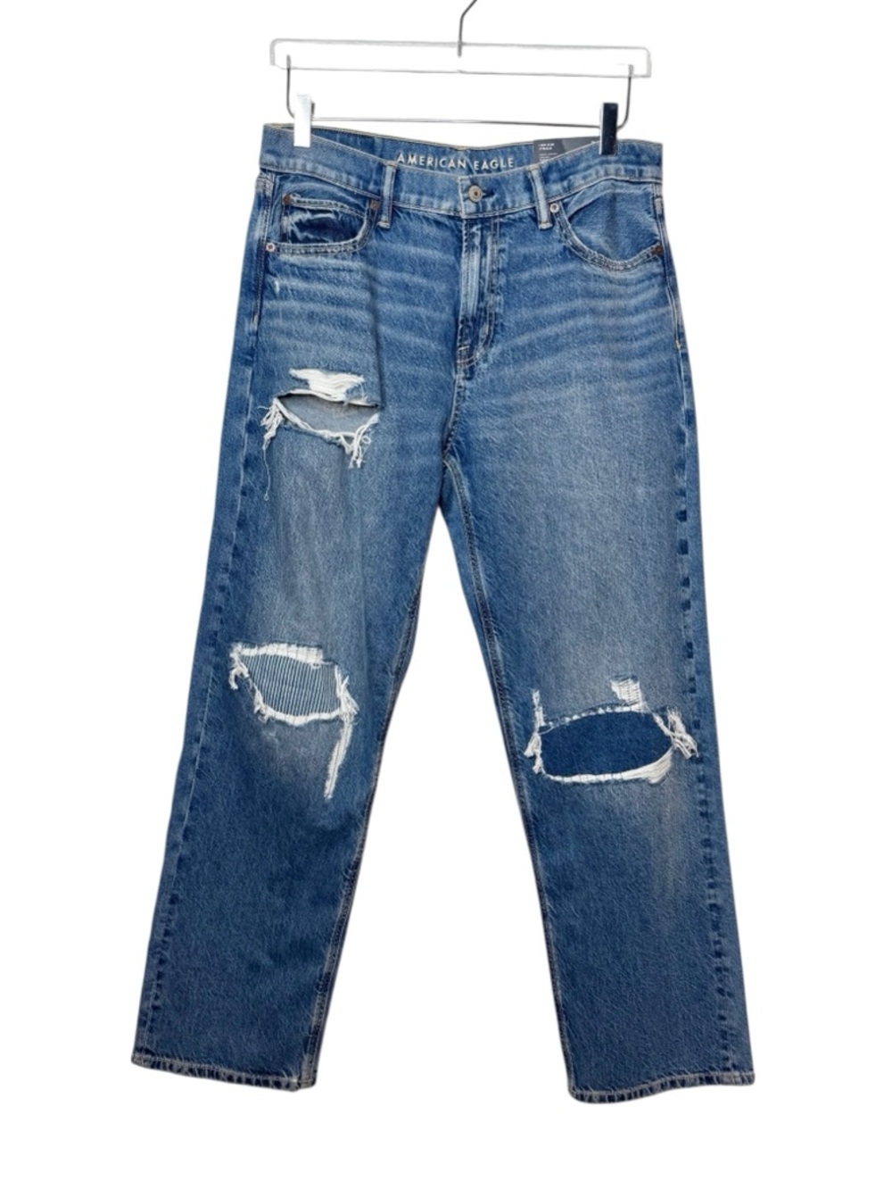 American Eagle Low Rise Baggy Straight Distressed Patch Jeans Sz 8 Long